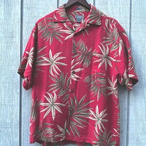 Kaylua Bay Hawaiian Shirt Men's M Red Tropical Palm Leaf 100% Silk Short Sleeve